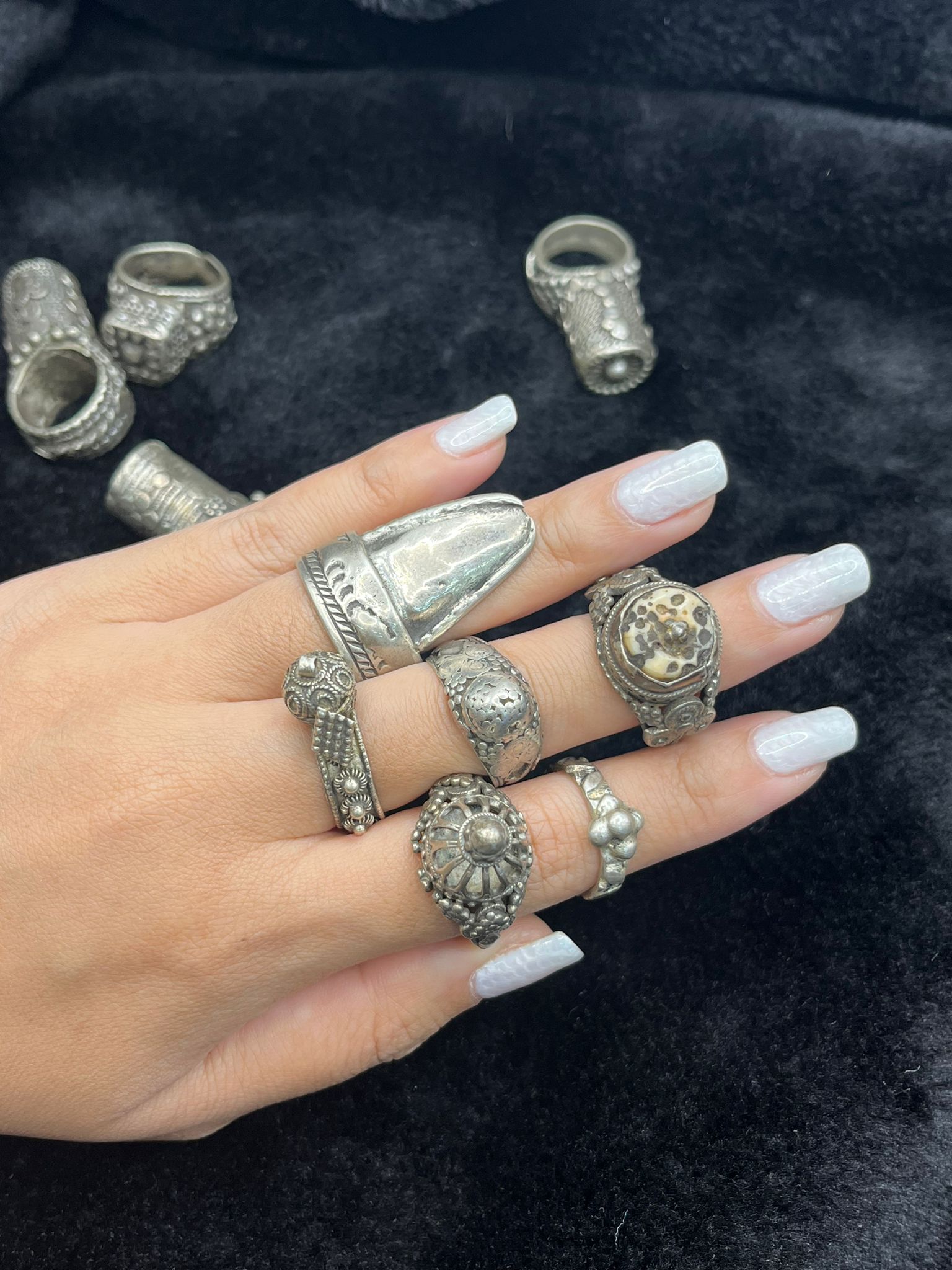 Distinctive old silver rings in various shapes